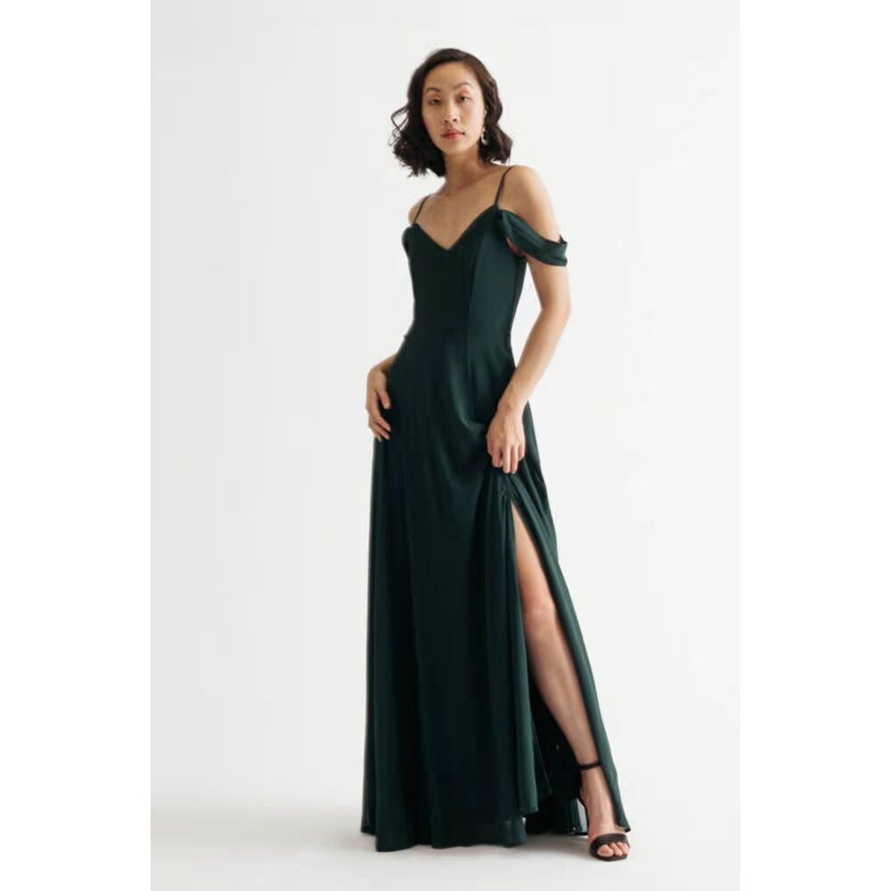 TOBI Emerald Cold Shoulder High Slit Maxi Dress Draped Sleeves Size Small P